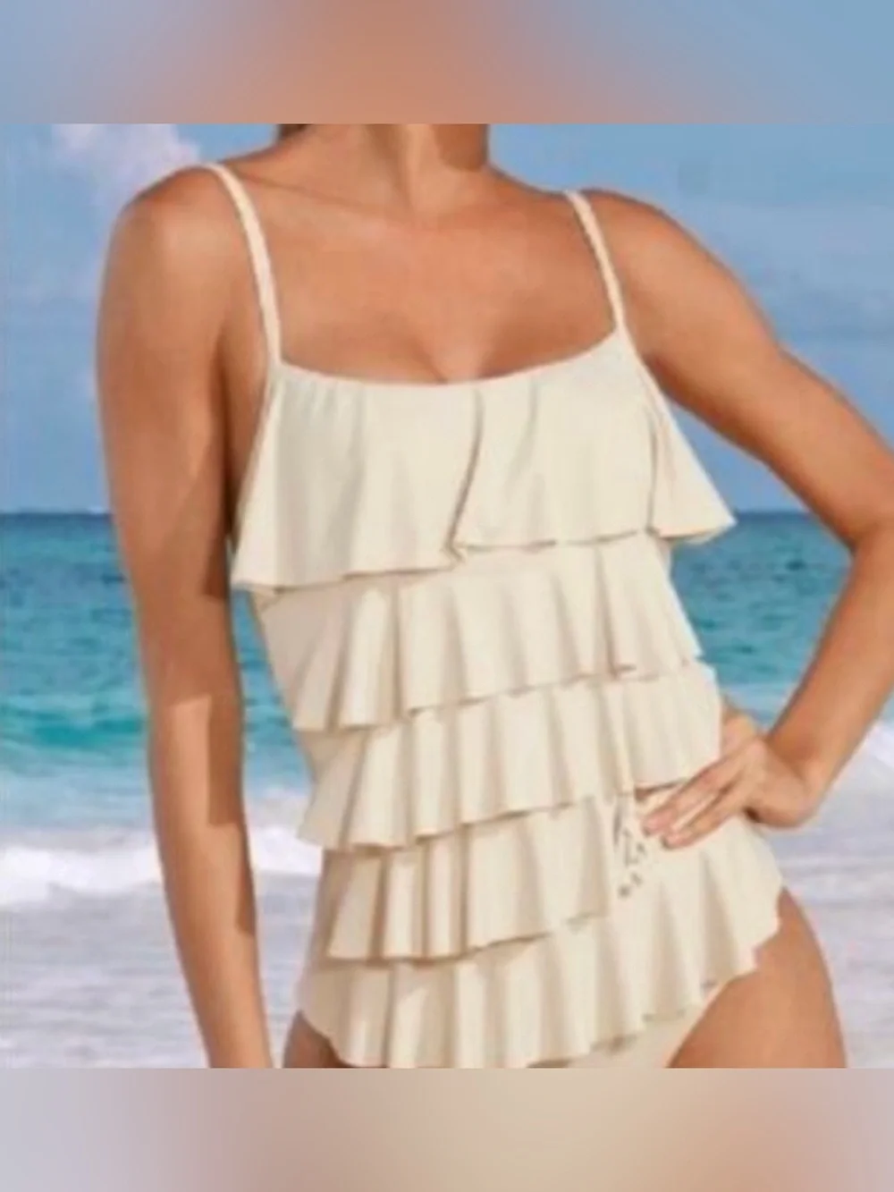 Michael Kors ruffle one pice bathing swim suit woman Sz 6 beige